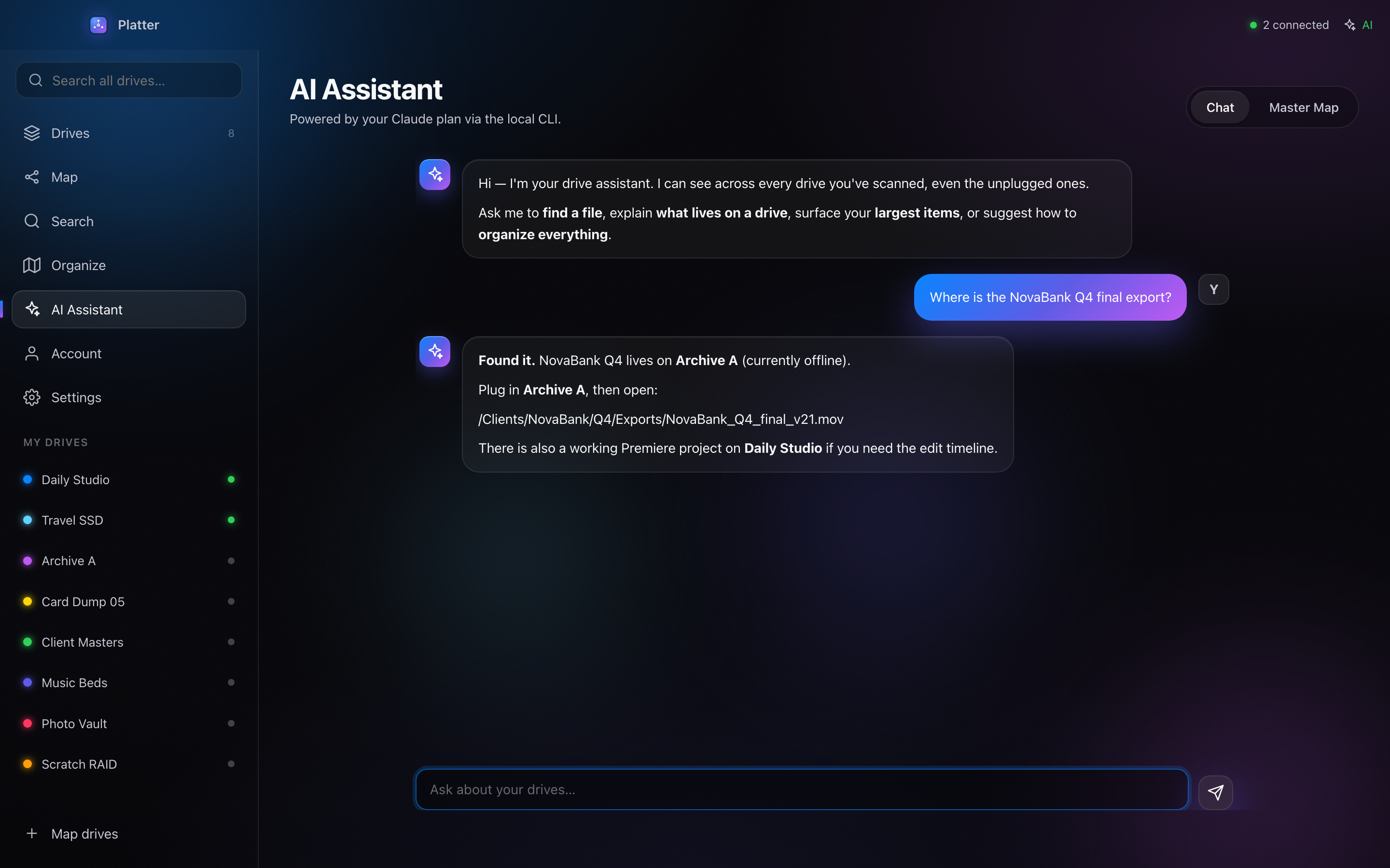 Platter's AI assistant answering questions about your storage and planning cleanup