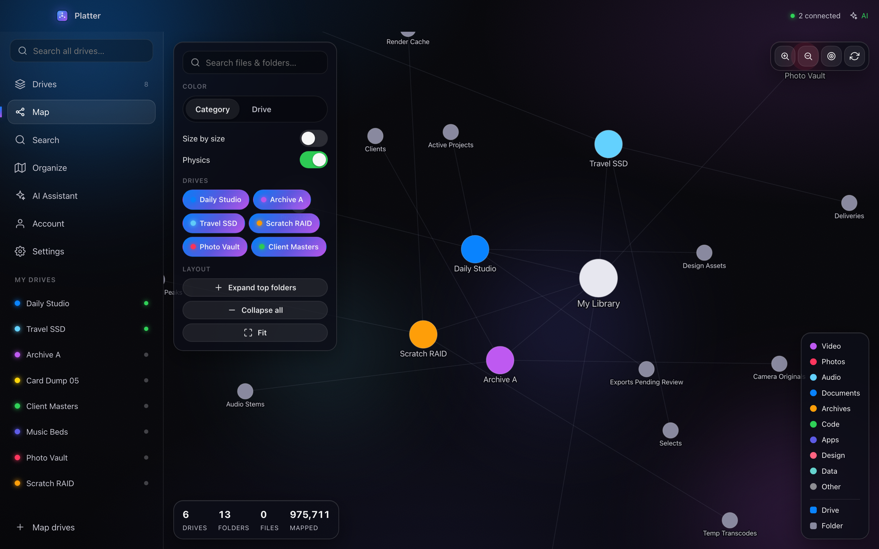 Platter's living graph of drives, folders, media, documents, archives and project clusters